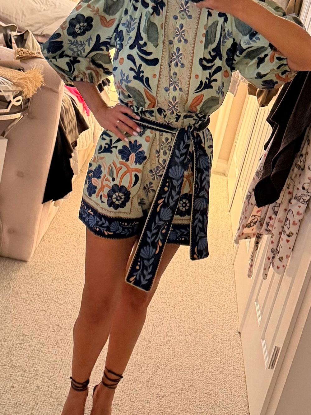 FARM Rio Mint Green Floral Puff-Sleeve Mini Wrap Dress with Navy Belt